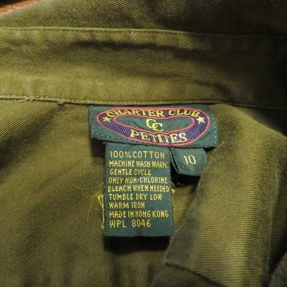 Vintage Charter Club Petites Olive Green Utility Shirt Dress | Size 10P xs/s - Picture 5 of 5